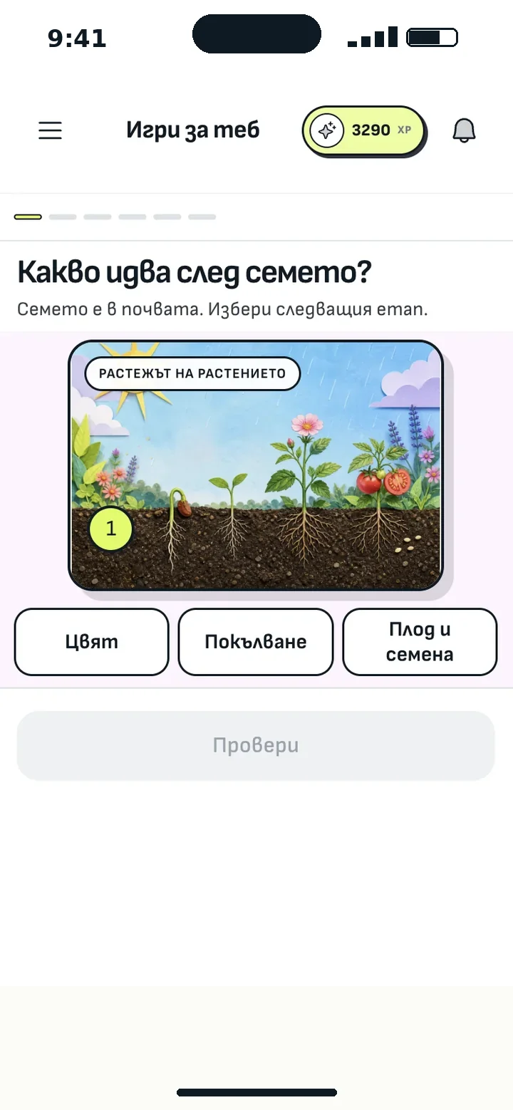 Игра „Какво идва след семето?“ с илюстрация на растежа на растението